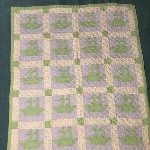 Reversible Hand Made Quilt with Patterned Sail Boats